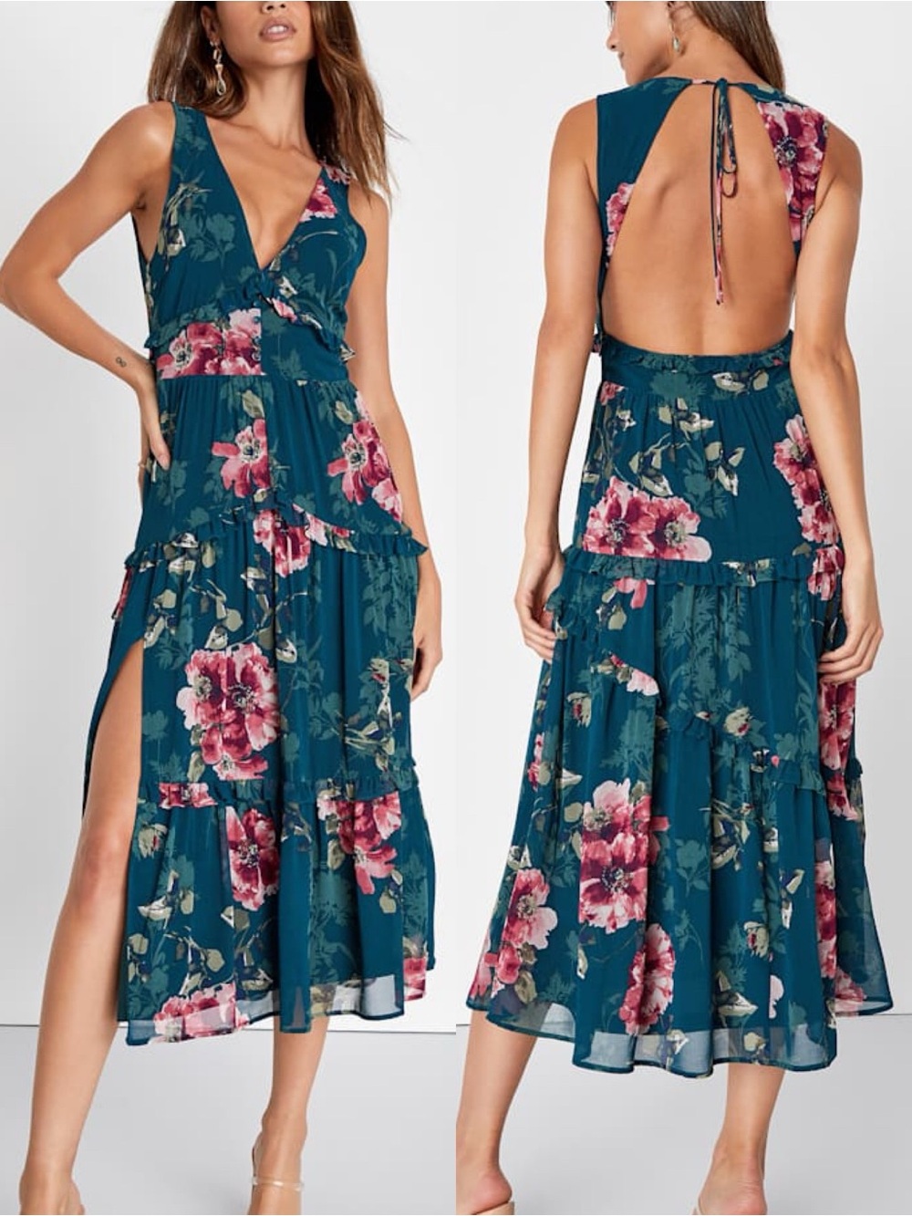 Lulus | Confidently Sweet Emerald Floral Ruffled Backless Midi Dress